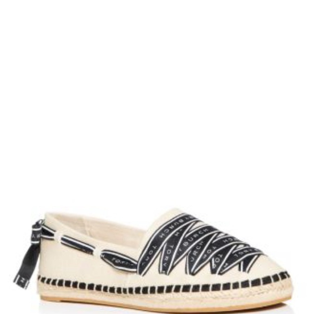 Tory Burch Cream Espadrille with Black Trim and Logo Ribbon